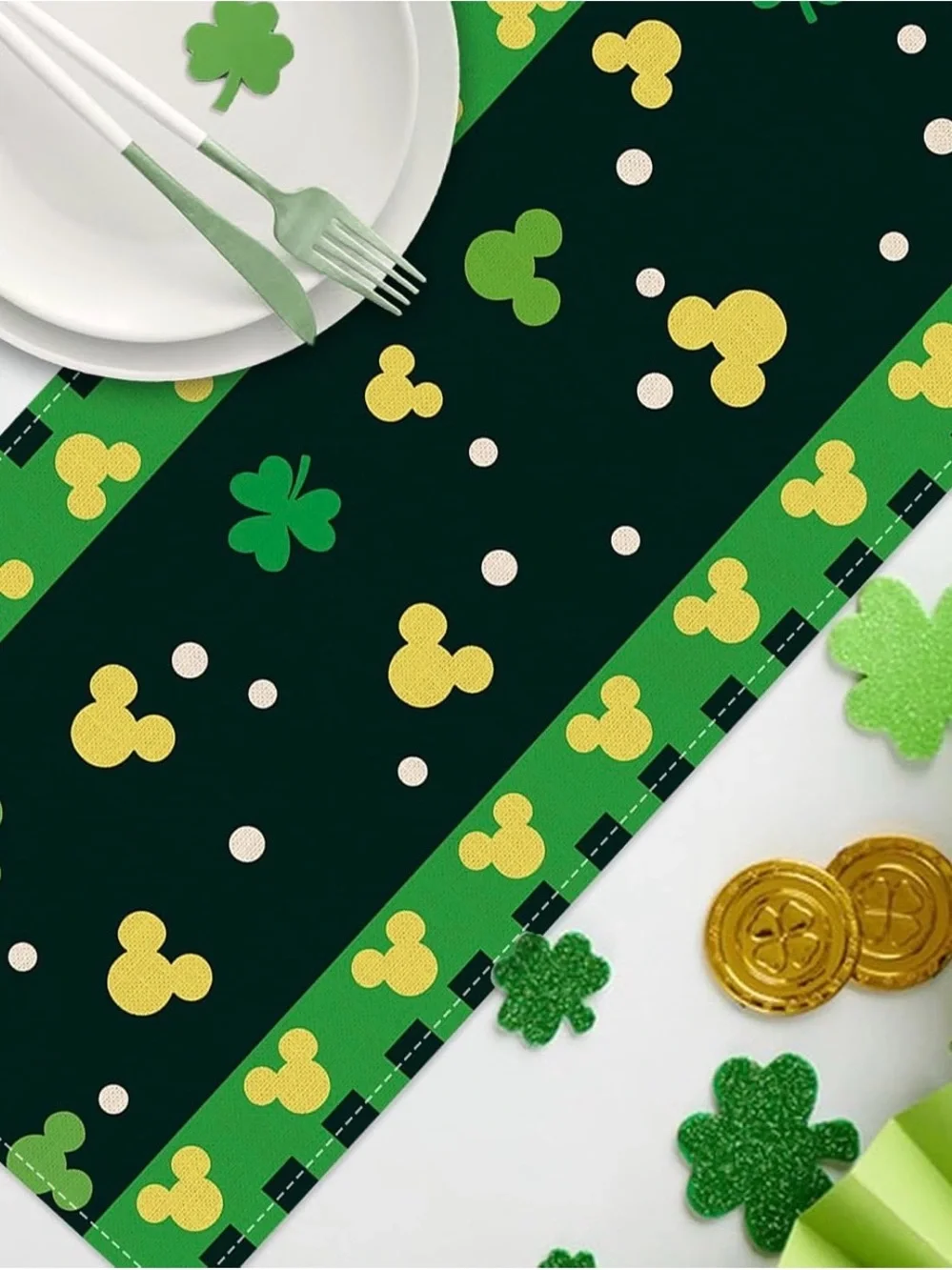 Disney Mickey Mouse St Patricks Day Table Runner Shamrock Clover Green 13x90⁠